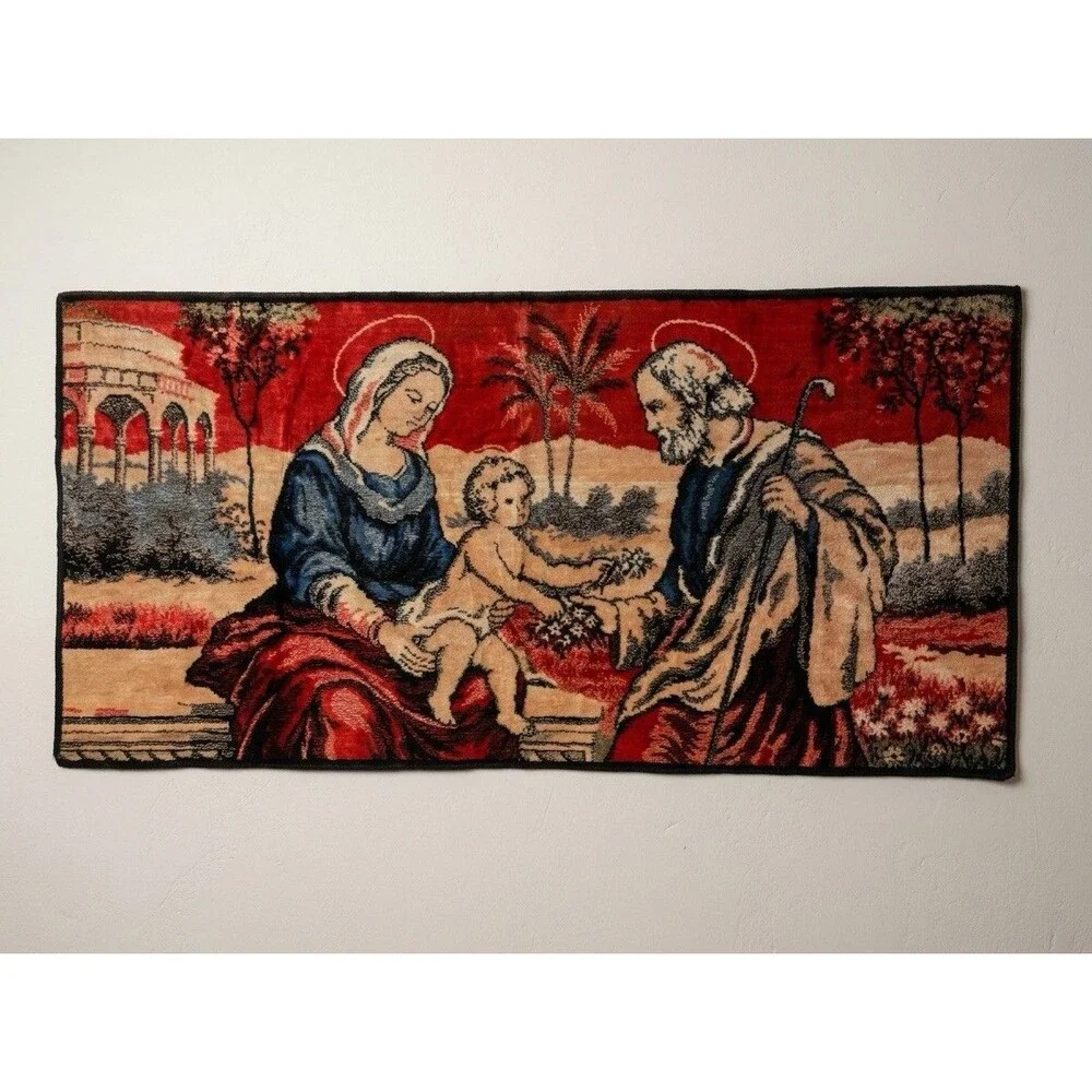 VTG VELVET TAPESTRY HOLY FAMILY WALL HANGING - MARY, JOSEPH, & BABY JESUS ITALY